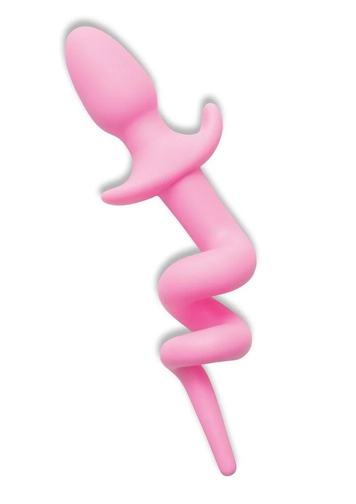 Pink silicone pig tail butt plug with spiral piggy tail